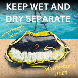 JIMJOOS Drawstring Mesh Swimming Bag - 25L Waterproof Swim Bag with Wet/Dry Compartment, Multifunctional Sports Backpack for Kids, Adults, Swimming, Surfing, Beach, Gym (Yellow)