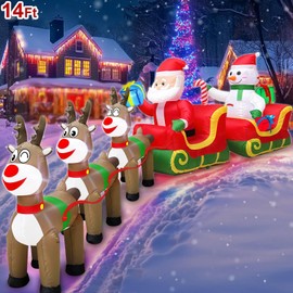 14 Ft Super Long Christmas Inflatable Decorations Outdoor, Lighted Santa Claus and Snowman on 2 Sleighs with 3 Reindeer and Gift Boxes Christmas Blow Up Yard Decor for Holiday Party Lawn Garden