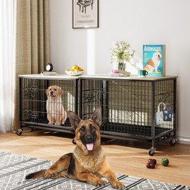 32.5" Dog Crate Furniture, Modern Double-Door Dog Kennel House with Pull-Out Tray & Removable Wheels, Heavy-Duty Wooden Dog Crate, Side Table for Medium Dog Sizes, Rustic Gray