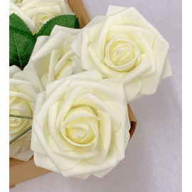 BJM Collection Artificial Flowers 25pcs Fake Rose Latex Foam with Stem Wedding Bouquets Centerpieces Bridal Shower Party Decoration (Ivory)