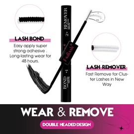 FADLASH Lash Bond and Remover, 2 in 1 Cluster Lash Glue and Lash Remover for Cluster Individual Lashes Soothing Non-Irritating Lash Adhesive Super Strong Hold 48 Hours Lash Glue Remover