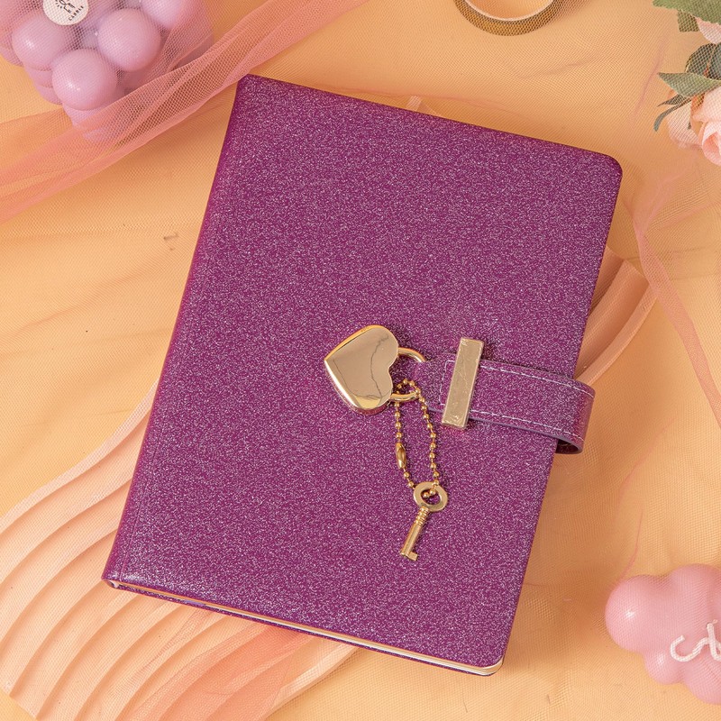 Heart Lock Journal Notebook with Key, Glitter Purple PU Leather