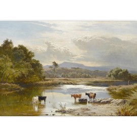 IDEA4WALL Removable Wall Sticker/Wall Mural Watercolor Cows in Forest Lake Nature Wilderness Illustrations Fine Art Farmhouse/Country Landscape Rustic for Living Room, Bedroom, Office - 66"x96"