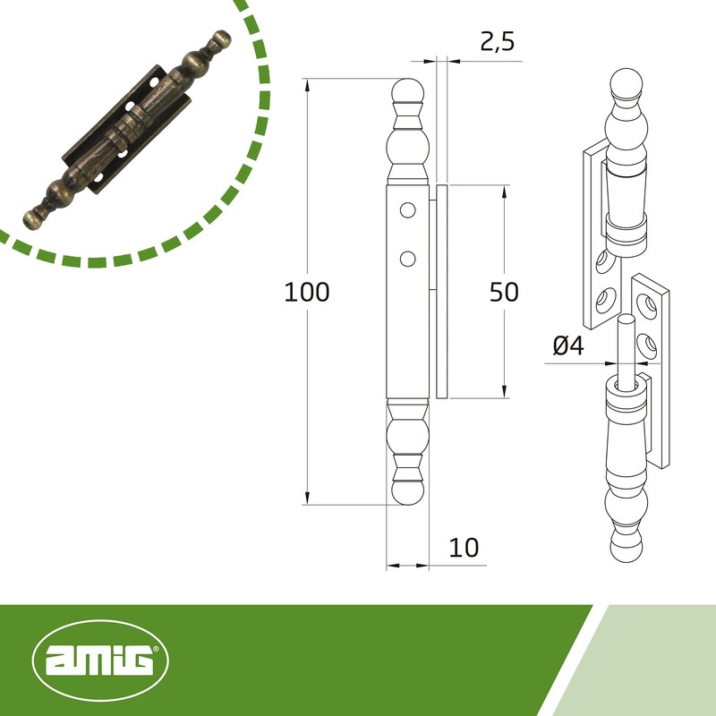 amig 100mm x 10mm Decorative Removable Zamak Leather Hinge, Folding