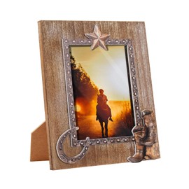 OKSQW 5 x 7 Rustic Wood Picture Frame with Cowboy Design, Solid Wooden Photo Frame with High Definition Glass, Cool Handicrafts Tabletop or Wall Mounting Great for Display for Farmhouse Home Decor.