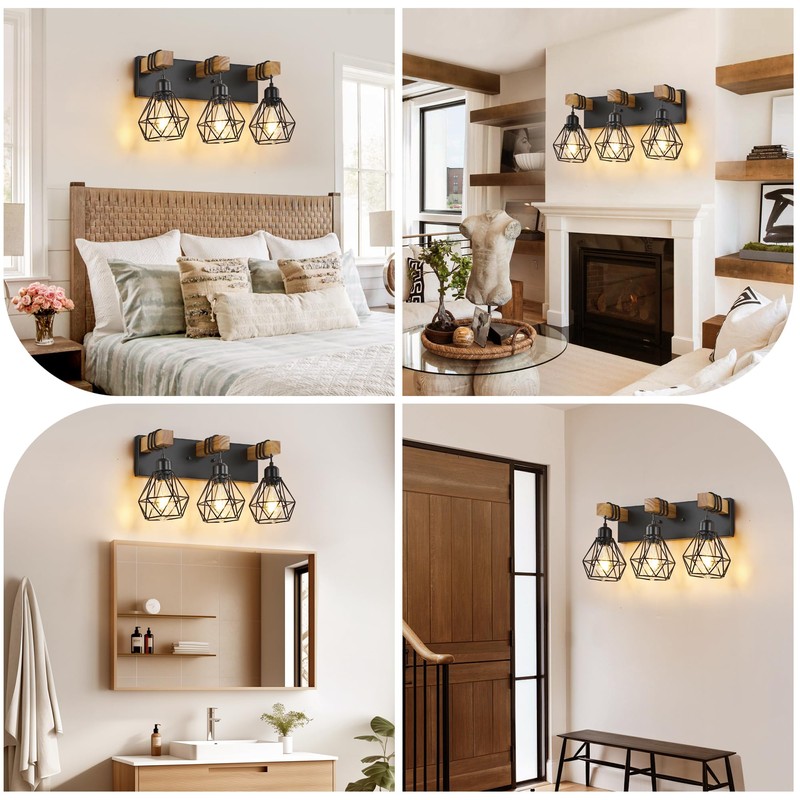 Farmhouse Vanity Light for Bathroom, 3-Light Wood Bathroom Vanity Light