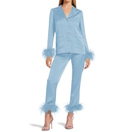 Women's Silk Satin Pajama Set Feather Trim Bridal Long Sleeve Pocketed Lounge Sets Sleepwear (Removable Feather) Blue