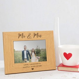 'Love Laughter And Happily Ever After' Engraved Mr And Mrs Photo Frame - Mr And Mrs Gifts - Wedding Gifts For Bride And Groom - Wedding Picture Frame Mr And Mrs - 7x5" Landscape Photo Frame