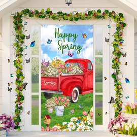 Spring Door Covers Happy Spring Banner Spring Welcome Porch Sign Spring Door Banner Decorations Seasonal Welcome Decor for Garden Outdoor Yard House, 70.9 x 35.4 Inch