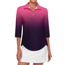 Tanst Sky Women's 3/4 Sleeve Workout Tops, Golf Shirts for Women Plus Size 3X Half Zip Collared Cute Polo Ladies Bowling Tennis Yoga Running Quick Dry Athletic Clothes Rose-Navy Ombre XXX-Large