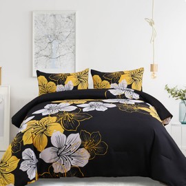 Menghomeus Queen Comforter Set Black/Gold Floral Bedding Comforter Sets Soft Microfiber Bed Comforter Set for All Season, 3 Piece Botanical Flowers Comforter, Pillowcases