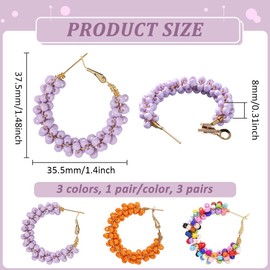 GOMAKERER 3 Pairs 3 Colors Beaded Hoop Earrings for Women, Bohemian Bead Earrings Circle Round Bead Dangle Earrings for Women Minimalist Party Jewelry (Purple/Orange/Multi)
