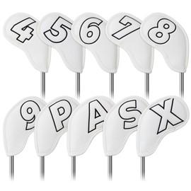 Golf Iron Cover Magnet Wedge Cover Club Head Cover Set 10 pcs(4-9,P,A,S,X) Double Sided Black Number, White Synthetic Leather