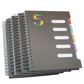 5 Subject Notebook, 4 Pcs 10 Inch x 7 Inch B5 Black Spiral Notebook With Waterproof Plastic Softcover, 300 Pages 80 Gsm College Ruled Papers With 5 Sheets Colorful Movable Dividers (4 Pcs Black)