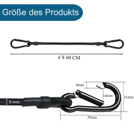 JunGG Bungee Cords with Carabiner – 4 Pack 24 Inch Heavy Duty Long Elastic Straps, Extra Strong Black Bungee Ropes with Hook for Bike Racks, Roof Racks, Luggage, Camping