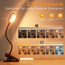 Akynite Akynite 3W Leselampe am Bett Aufladbar Klemmbar, Typ-C Ladung, 5 Farbwechsel & 5 Helligkeit, Bettlampe mit akku, 28 LED Klemmlampe Touch Dimmbar, fr Nachttischlampe Stilllampe, Schwarz