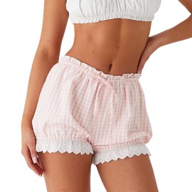 Womens Y2k Ruffle Shorts Gingham Bow Tie Front Lace Trim Lolita Elastic Low Waist Pumpkin Pants Bloomer Shorts(Pink, M)