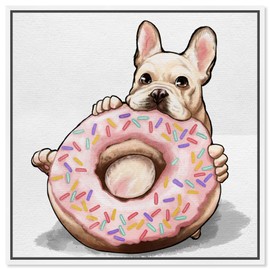 The Oliver Gal Artist Co. Animals Framed Wall Art Canvas Prints 'Donut Frenchie' Dogs and Puppies Home Décor, 20" x 20", Pink, Brown