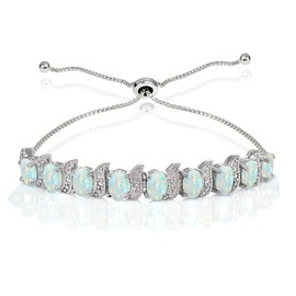 Sterling Silver Created White Opal Oval & S Adjustable Tennis Bracelet