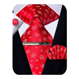 Kerfado Christmas Tie Pocket Square Cufflinks and Clip Set, Red Snowflake Christmas Tie with Hankerchief Woven Necktie Set