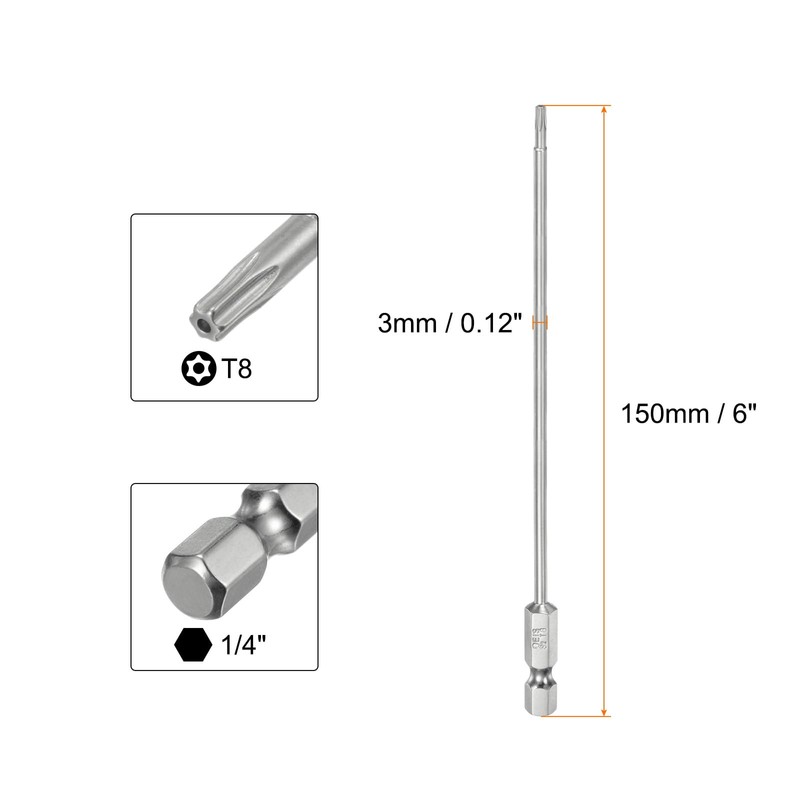 sourcing map T8 Security Torx Bit 1/4" Hex Shank 6"