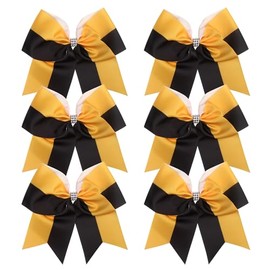 Cheerleader Bows 8 Inch Comb Color Ponytail Holder with Bling Fling Rhinestones Hair Tie Cheerleading Bows 6 Pcs (Black/Gold)