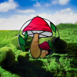 BOXCASA Mushroom Decorations Stained Glass Window Hanging,Red Mushroom Decor Stained Glass Suncatcher for Window Bedroom Livingroom,Mtshroom Party Decorations Nature Decor Potted Plant Decor