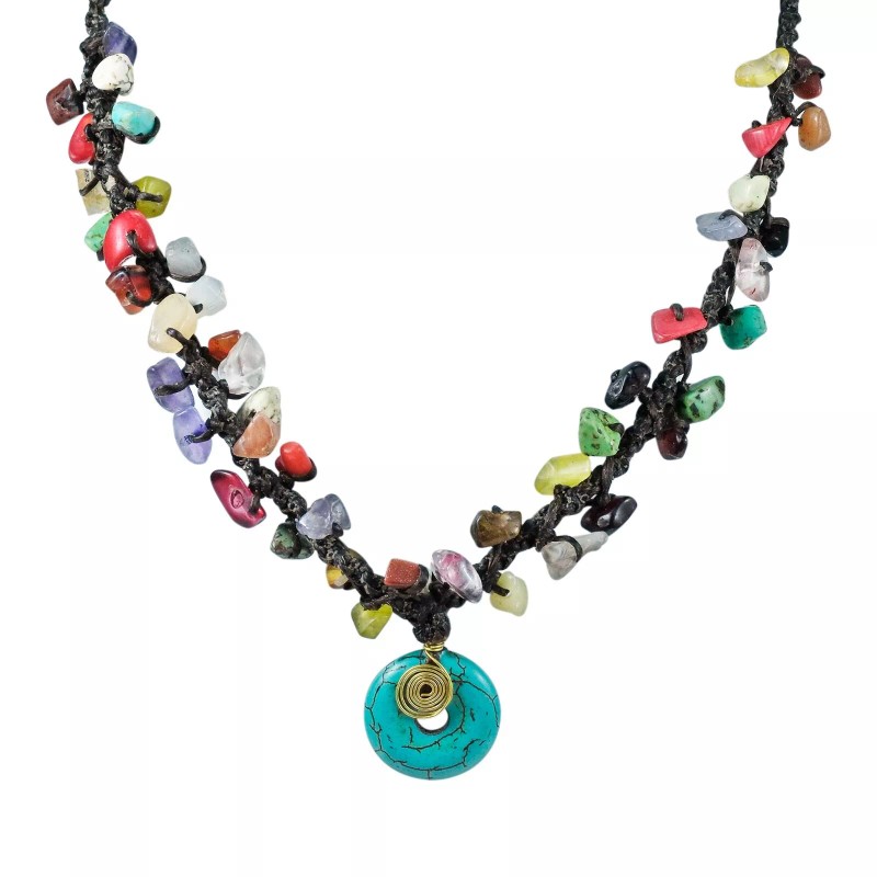 AeraVida Blue Turquoise Round Harmony Mix Stone Necklace