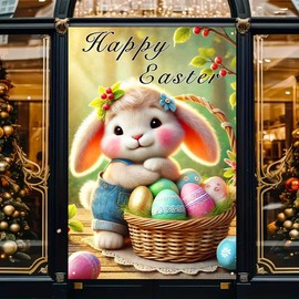 BlissYard Happy Easter Banner Easter Window Decoration Bunny Background Banner 31x47 Inch Bunny Easter Eggs Window Cover Easter Window Cover Party Banner Decoration Happy Easter Party Favors