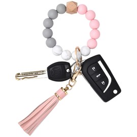 BAOSIWA Silicone Beaded Bracelet Keychain Wristlet Key Ring Pink Bangle Chains for Women Girls with Leather Tassel