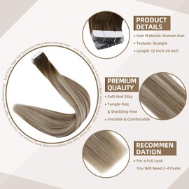 Full Shine Tape in Hair Extensions 20 Inch Human Hair Tape Hair Extensions Balayage Color 3 Dark Brown Fading to 8 and 22 Blonde Highlighted Glue in Hair Extensions 50 Grams 20Pcs