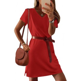 RUMIA Summer Casual Dresses for Women 2025 Vacation Dress V-Neck Short Sleeve Split Hem Beach Sundress Red L