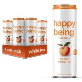 Happy Being Sparkling Nutrient-Rich Peach Rose White Tea – Infused with Turmeric, Elderberry, Vitamin D3, Caffeine Free, Plant-Based, Low Calorie & Low Sugar Drinks, 12oz (4 Pack)