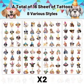 16 Sheets 192PCS Dog Temporary Tattoos Stickers, Dog Puppy Themed Party Favors Supplies Birthday Party Decorations Gifts for Kids Girls Boys Classroom Rewards