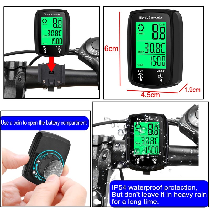 JZK Wired bike computer with LCD backlight Display, 19 functions