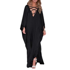 Bsubseach Kaftan Dresses for Women V Neck Swimsuit Coverup Caftan Dress Women's Long Sleeve Flowy Beach Dress Black