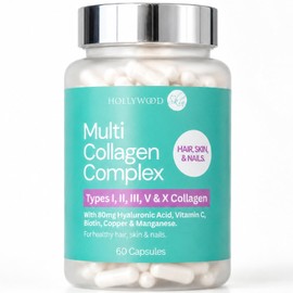 Multi Collagen Complex – Types I, II, III, V & X Collagen (Marine, Bovine & Eggshell Membrane) with 80mg Hyaluronic Acid, Biotin, Vitamin C, Copper & Manganese – Hair, Skin & Nails – 60 Capsules