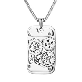 JewelryWe Men's Retro Steampunk Rotating Gear Dog Tag Pendant Necklace with 60 cm Chain Engraving Gift Silver, Stainless Steel