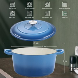 6 Quart Round Dutch Oven with Lid, Leonyo 6QT Enameled Cast Iron Dutch Oven for Sourdough Bread Baking, Heavy Duty Cookware for Braising, Stews, Roasting, Blue