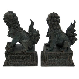 YTC Summit International, Inc. Pair of Chinese Lions Stone Guardian Statue on Engraved Base Figurines Set of 2