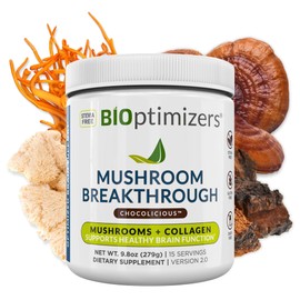 BiOptimizers Chocolicious Mushroom Breakthrough | Nootropic Supplement Blended Powder of Mushroom, Collagen & Superfoods: Lion’s Mane, Chaga, Reishi | 30 Servings