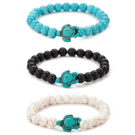 Liitata Pack of 3 Turtle Bracelet Natural Stone Bracelet Yoga Beads Bracelets Elastic Rope Bracelets for Men and Women Black White Green