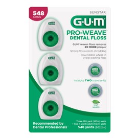 GUM Pro-Weave Woven Dental Floss, Shred Resistant Waxed Floss, Mint Flavored, 3 Count + 2 Travel Units