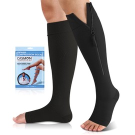 CASMON - Calcetines de compresión con cierre de 15 a 20 mmHg para mujeres y hombres, medias de compresión alta hasta la rodilla, calcetines médicos de apoyo de punta abierta para venas varicosas, poscirugía, hinchazón, enfermeras, embarazo (1 par), Negro