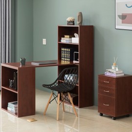 Basicwise Computer Writing Workstation Table with Combo Bookshelf Bookcase, Cherry Large, (QI004018.CR.L)