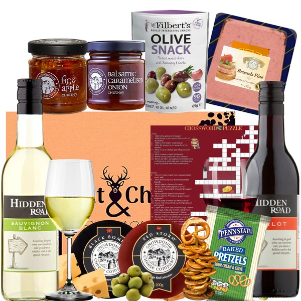 Wine and Cheese Hamper Gift Set - Cheese and Wine Gift Set Includes 2 x Wines| 2 x Award winning Cheese| Pretzels|Olives| 2 x Chutneys| 1 x Pate–Cheese Gifts for Men, Cheese Hamper for Couples