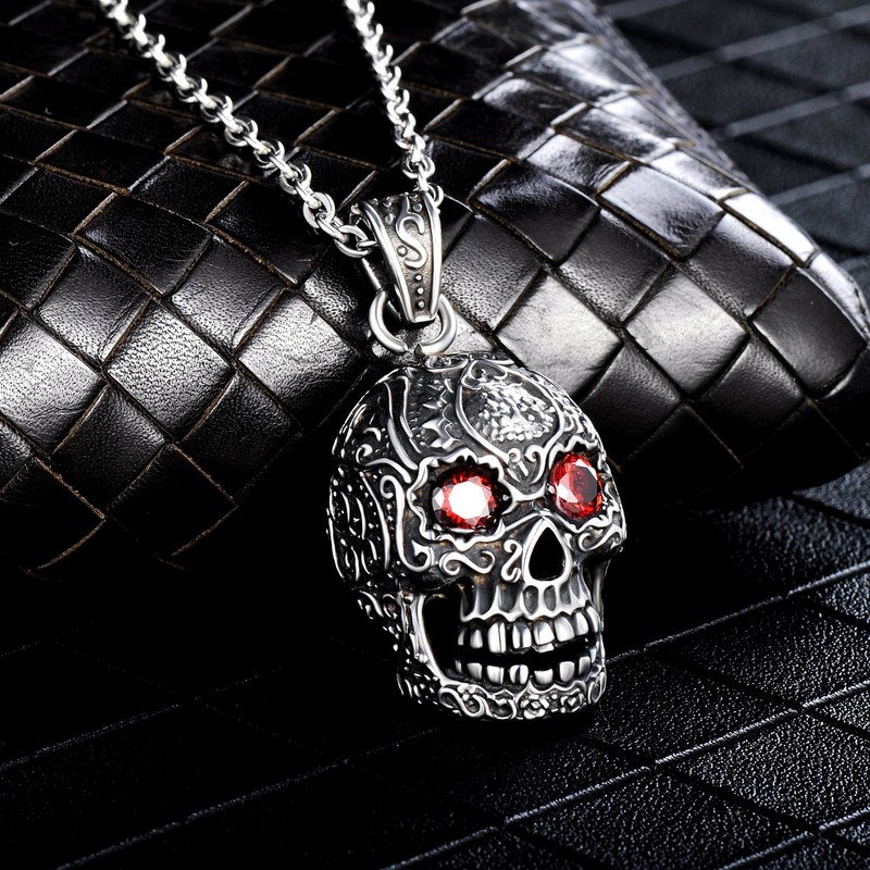 Feilok Hollow Skeleton Gothic Skull Pendant Stainless Steel Necklace for