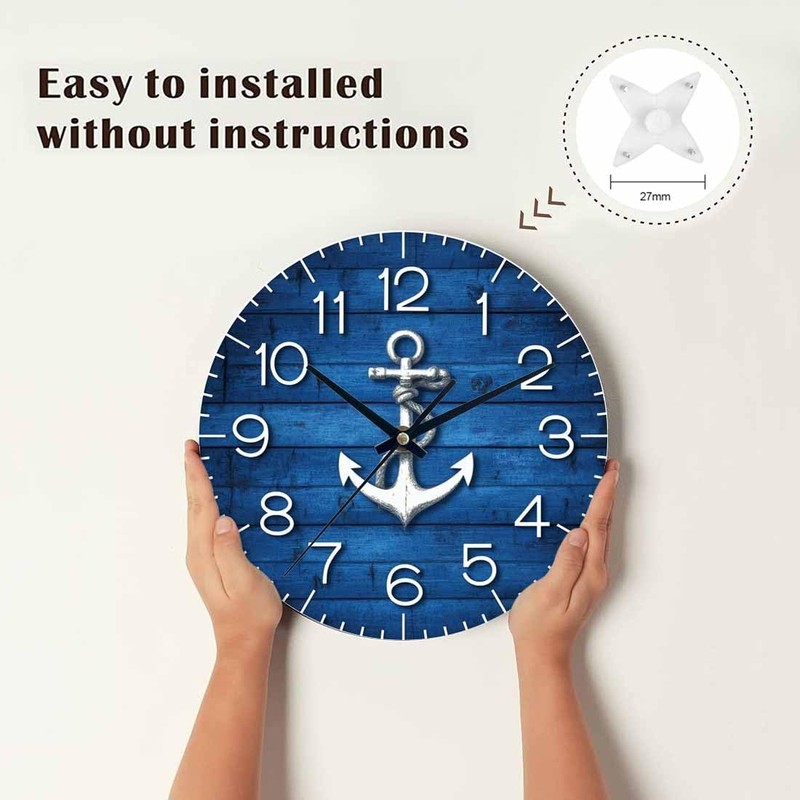 White Anchor Wall Clock Battery Operated Nautical Vintage Wood Blue