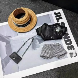 Clothes for 17cm Doll(No Doll) – Cute 4-Piece Straw Hat, PU Leather Jacket&Houndstooth Shorts Outfit with Chain Bag,Chic Fashion Accessories Set Compatible with 17cm Collectible Art-Toy Figures