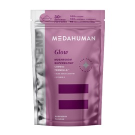 MEDAHUMAN MEDAHUMAN? Glow | Tremella Mushroom Powder (30 Servings) | Adaptogen Superblend Mushroom Supplement with Biotin, Vitamin E and Aloe Vera to Promote Glowy Skin & Boost Collagen | Raspberry Flavour